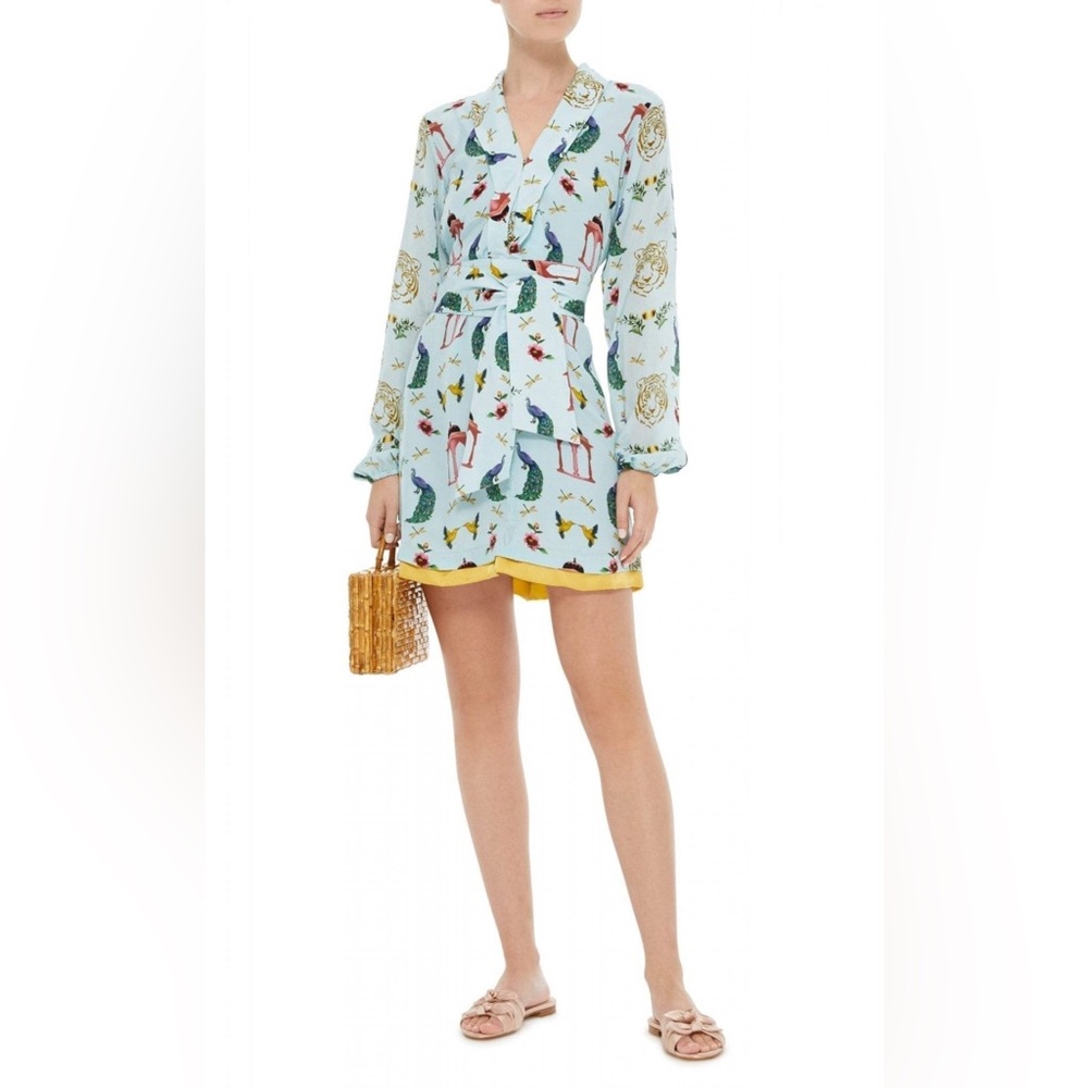 Verandah Resort Tropical Wrap Tie Mini Dress in Blue Porcelain size X-Small NWT